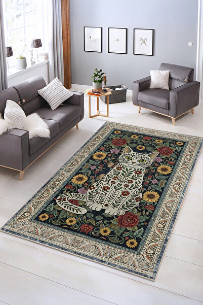 Realhomes Çiçek Desenli Yıkanabilir Kaymaz Taban Salon Halısı