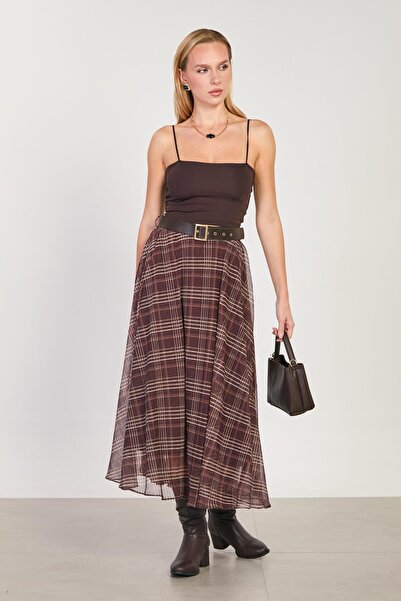 BARRELS AND OIL Women's plaid belted chiffon skirt - coffee