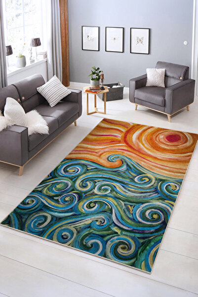 Realhomes Soyut Dalga ve Güneş Desenli Yıkanabilir Kaymaz Taban Salon Halısı