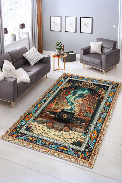 Realhomes Büyülü Mavi Duman ve Şişeler Desenli Yıkanabilir Kaymaz Taban Salon...