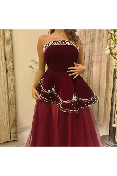 QZDRESS فستان سهرة مخملي متعدد الطبقات ومطرز باللؤلؤ