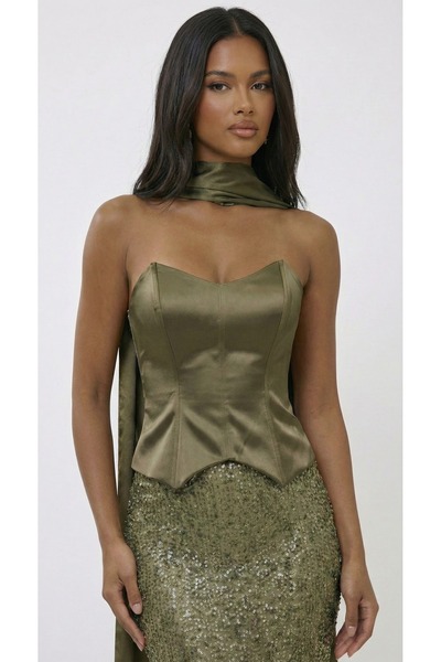 Lovely Dress Straplez Saten Büstiyerli Işıltılı Payet Detaylı Fularlı Mezuniy...