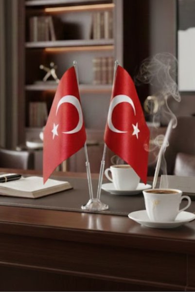 abnturk Türk Bayrağı,Ofis Masalarına Prestijli Görünüm Saten Nikelaj İkili Me...