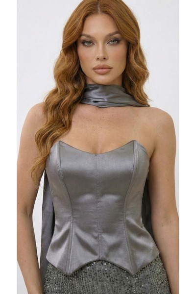 Lovely Dress Straplez Saten Büstiyerli Işıltılı Payet Detaylı Fularlı Mezuniy...