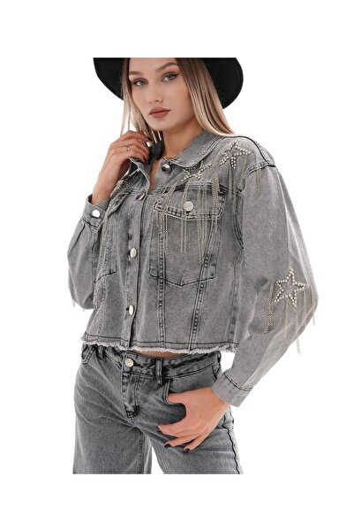 Asist Taş İşlemeli Gri Kot Ceket