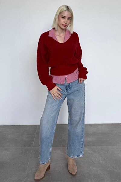 Madmext Kırmızı V Yaka Yumuşak Dokulu Kadın Kazak Mg2499