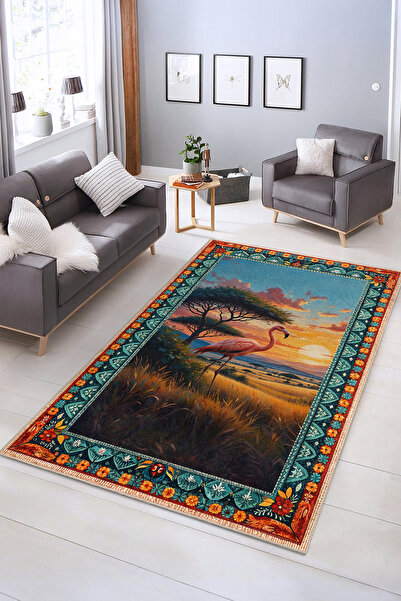 Realhomes Canlı Flamingo ve Doğa Desenli Makinede Yıkanabilir Kaymaz Taban Sa...