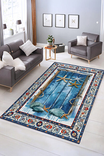 Realhomes Deniz Temalı Kaymaz Taban Yıkanabilir Dekoratif Salon Halısı