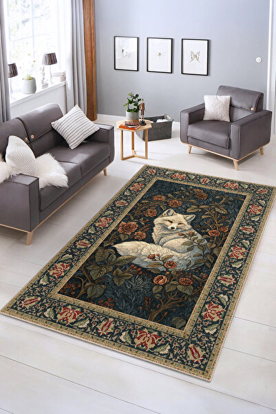 Realhomes Vintage Tilki ve Çiçek Desenli Yıkanabilir Kaymaz Taban Salon Halısı