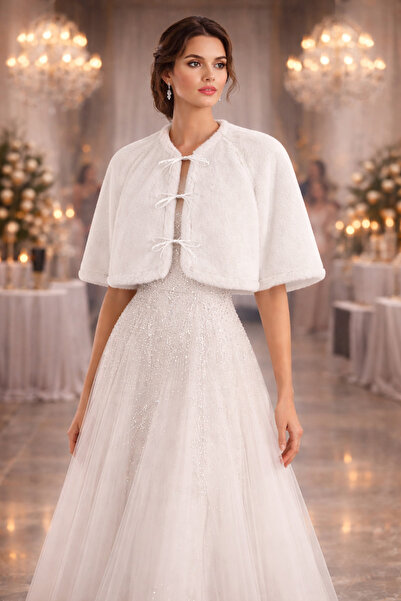 bizizmoda Lüks Tilki Tüğ Görünümlü Abiye Üzeri Peluş Kürk Etol Pelerin Bolero