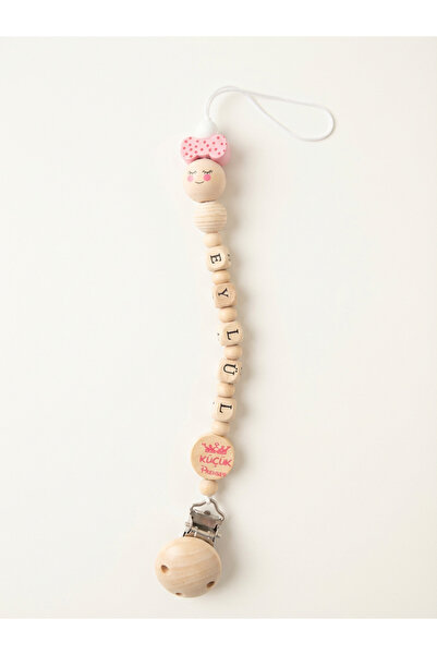 Pufuduk Baby İsme Özel Doğal Ahşap Emzik Askısı, Pembe Ahşap Tokalı Figürlü B...