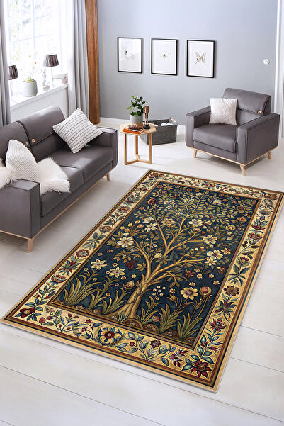 Realhomes Çiçek ve Ağaç Desenli Yıkanabilir Kaymaz Taban Salon Halısı