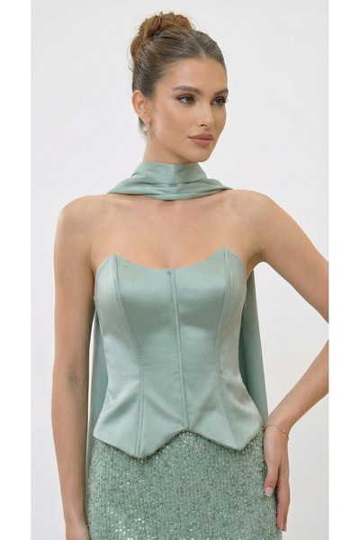 Lovely Dress Straplez Saten Büstiyerli Işıltılı Payet Detaylı Fularlı Mezuniy...