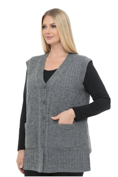 Fresh&Moda Vestă pentru mamă, cu decolteu în V, din lână, cu model tricotat, cu nasturi