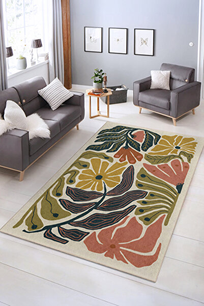 Realhomes Canlı Renkli Çiçek Desenli Yıkanabilir Kaymaz Taban Salon Halısı