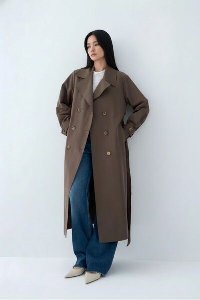 Gülşah collection Trench Coat with Back Pile Detail - Khaki