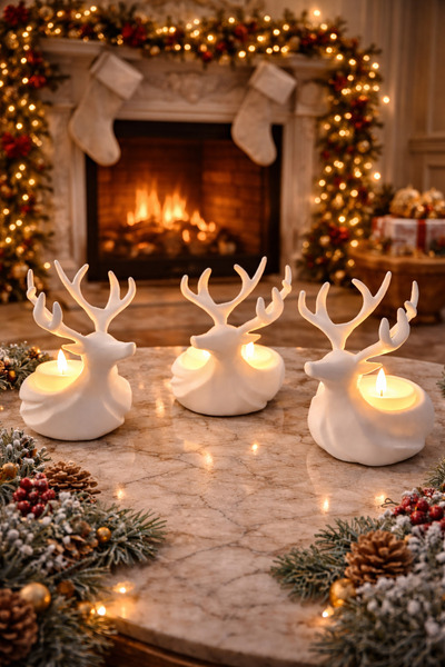 PRİNTELLA 3’lü Geyik Mumluk Seti | Yılbaşı Dekoru | Dekoratif Kış Konsepti | ...