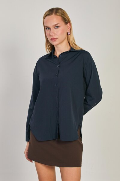 BARRELS AND OIL Women's Long Sleeve Oversized Shirt - Navy Blue