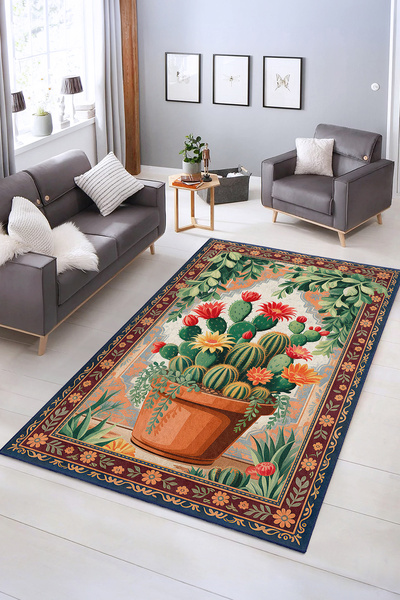 Realhomes Çiçekli Sakarca Desenli Yıkanabilir Kaymaz Taban Salon Halısı