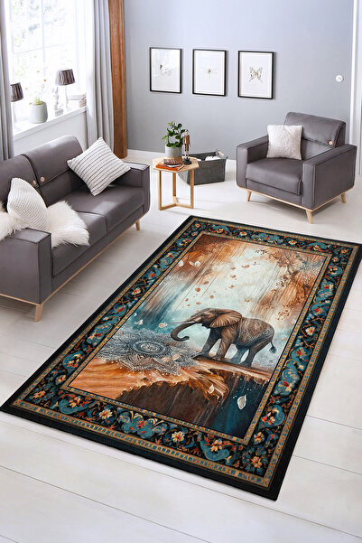 Realhomes Büyüleyici Fil Desenli Yıkanabilir Kaymaz Taban Salon Halısı
