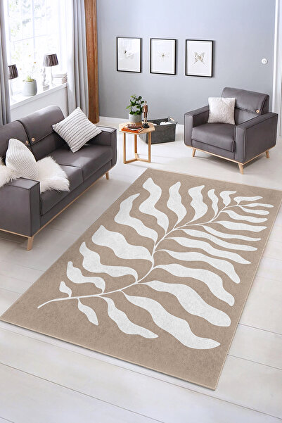 Realhomes Doğal Yaprak Desenli Yıkanabilir Kaymaz Taban Salon Halısı