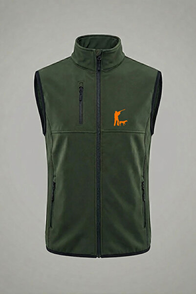 WİDİ Avcılık Hunting Avcı ve Köpek Baskılı Su ve Rüzgar Geçirmez Erkek Softshell Outdoor Haki Yelek