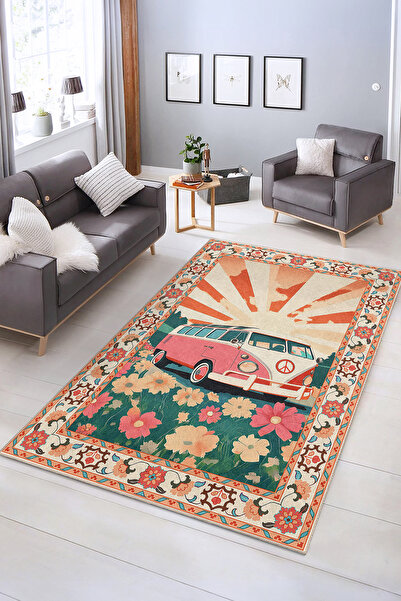 Realhomes Vintage Araba ve Çiçek Desenli Yıkanabilir Kaymaz Taban Salon Halısı