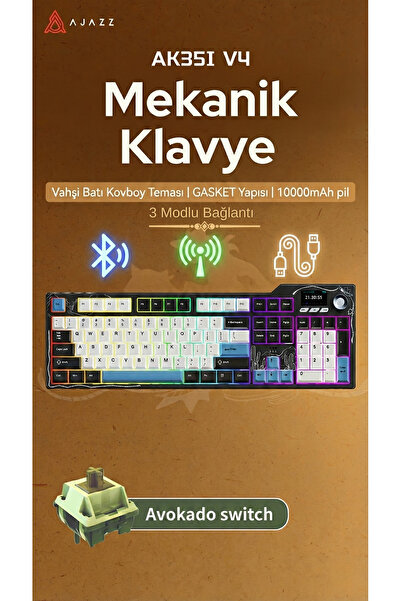 Ajazz Ak35iV4 Tam Boy Mekanik Oyuncu Klavyesi-TFT Ekran-10.000 Mah Batarya-Öz...