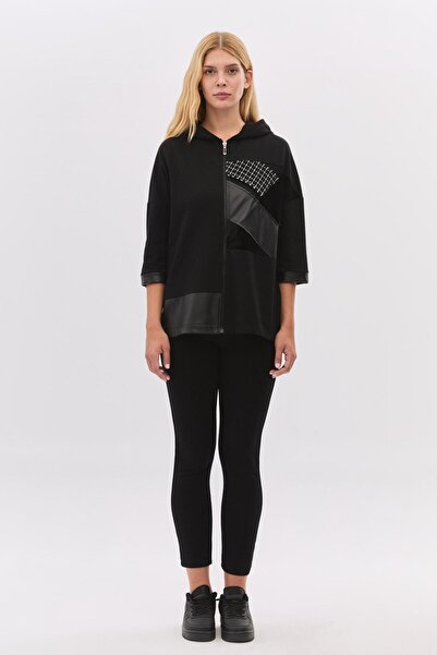 DAIDO Kapüşonlu Tüvit Kadife Deri Garnili Hırka