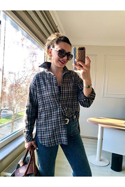 Gözde Tasarım Butik Women's Brown Blue Tones Plaid Patterned Winter Woodcutter Shirt