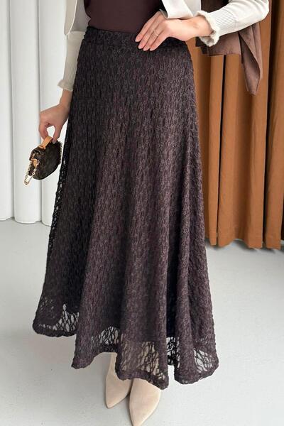 Modaensarbutik Beli Lastikli Ajurlu Dantelli Etek-ACI KAHVE