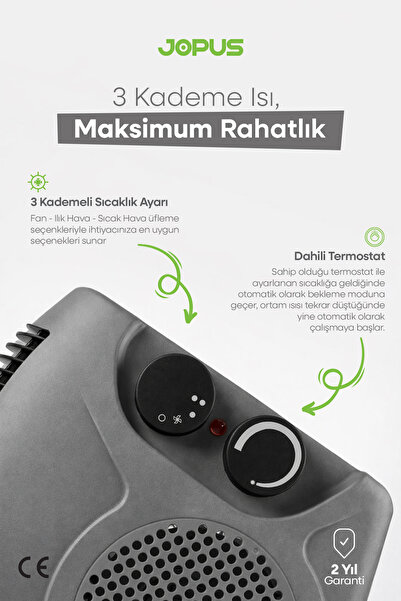 Jopus 2000W Elektrikli Fanlı Isıtıcı,Termostatlı,Sıcak-Soğuk Hızlı Isıtma, 25 m² Alan Kapasitesi,Antrasit
