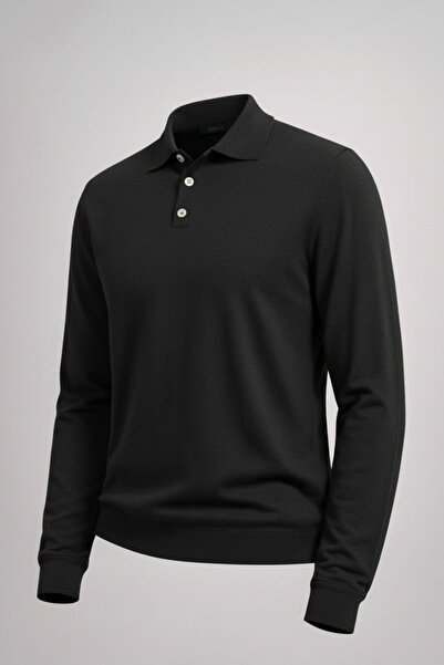 COMBİNE MİCHAİL Men's Basic Loose Black Polo Collar Sweater