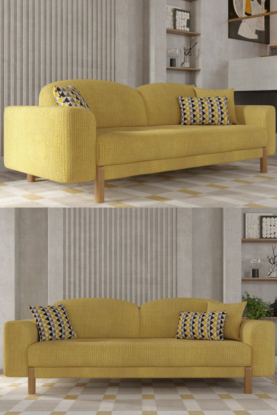 Modalife Bohem Plus Kanepe, Üçlü Koltuk, Salon Oturma Odası Üçlü Kanepe, Yataklı, İskandinav - Sarı