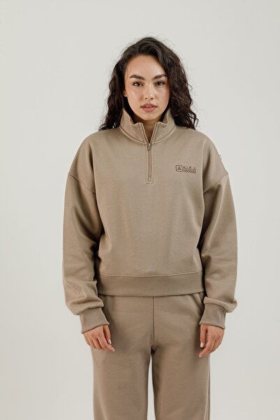 Airlife سترة نسائية بوردر FZ.7 بسحاب نصفي ياقة مرتفعة متوسطة الطول باللون البني