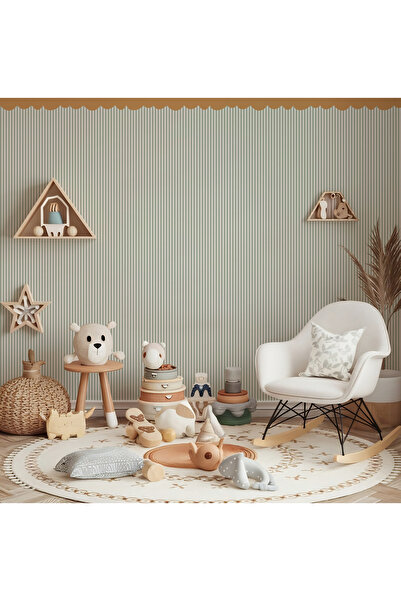 Tasarım Yeşil İnce Şeritler ve Tente Sade Konsept Bebek & Çocuk Odası Duvar K...