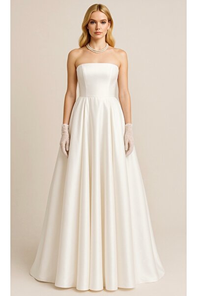 UNTIMELY فستان ماكسي أبيض من الساتان الأمريكي بدون حمالات