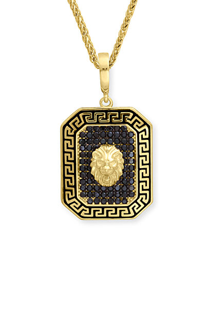 Aslı Gold Dikdörtgen Model Siyah Taşlı Altın Aslan Kolye (KLY1620)