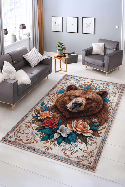 Realhomes Çiçekli Ayı Motifli Vintage Halı | Kaymaz Tabanlı Dekoratif Salon H...