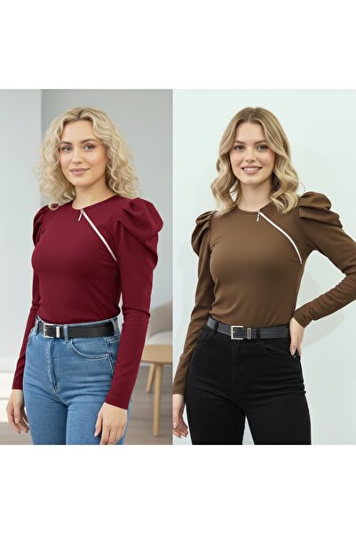 Moda Lounge حزمة مميزة من قطعتين بلوزات باللونين العنابي والبني مع تفاصيل سحاب