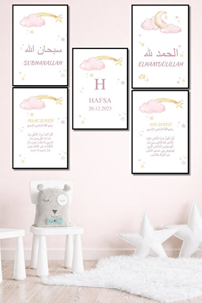 ERUMAR HOME Kişiye Özel İsimli 5 Parça Çoçuk,Bebek Odası Tablosu Felak,Nas Su...