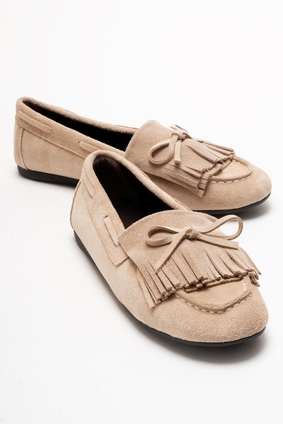 LuviShoes Axeli Beige Suede Genuine Leather Bow Fringed Women's Loafer Shoes