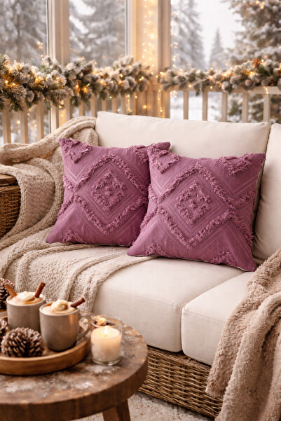 Halımax غطاء وسادة مزخرف من القطيفة باللون الأرجواني مكون من قطعتين قابل للغس...