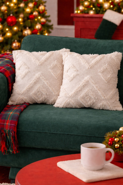 Halımax غطاء وسادة مزخرف من القطيفة باللون الأبيض مكون من قطعتين قابل للغسل بتصميم بوليستر جاكار ويلسوفت 43x43