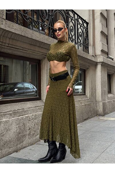 02Lady Fashion Fusta asimetrică croială talie înaltă din dantelă