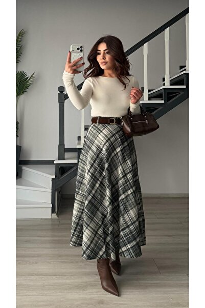 Oslove Çağla Green-Ecru Plaid Belted Skirt