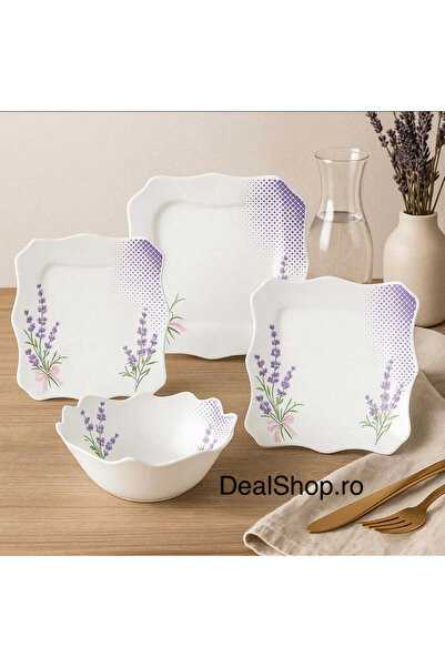 dealshopromania Lacy Lavender Heat-Resistant Opal Dinnerware Set, 19 Pieces, Square Plates for 6 People