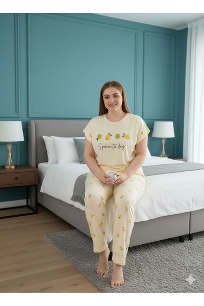 İpek Women's Short Sleeve under Long Plus Size Pajamas Set