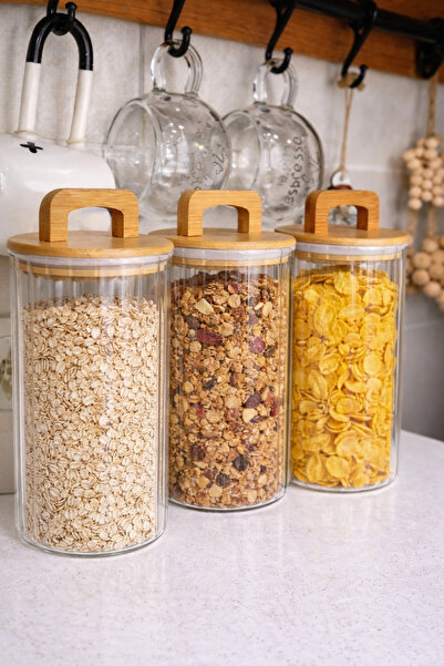 Durina Living 3-Piece Glass Jar with Bamboo Handle and Lid 1000 ml – Large Si...