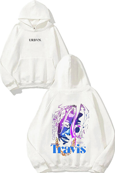 urbvn تريفيس سكوت بيربل ديزاين مطبوع قصة فضفاضة سويت شيرت أبيض بغطاء رأس